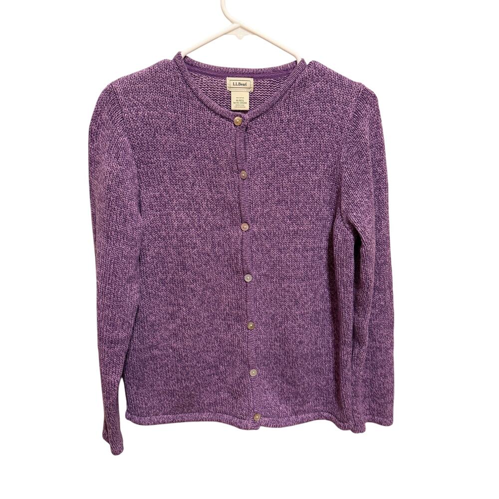L.L. Bean Marble Purple Button Up 100% Cotton Cardigan Sweater Crew Neck M
